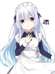 Rule 34 | 1girl, apron, apron lift, black dress, clothes lift, dress, hand on own chest, lifted by self, long hair, maid, maid headdress, original, pink eyes, silver hair, simple background, smile, solo, upper body, usume shirou, white apron, white background
