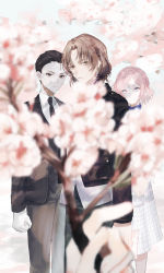 Rule 34 | 1girl, 1other, 2boys, black eyes, black hair, black jacket, black neckwear, black pants, blue eyes, blurry, blurry foreground, braid, branch, brown hair, cherry blossoms, clenched hand, closed mouth, collared shirt, commentary request, dress, earrings, feet out of frame, formal, frown, highres, holding, holding branch, jacket, jewelry, long dress, looking at viewer, mege (megechan), multiple boys, necktie, original, pants, parted lips, pink hair, plaid, plaid dress, pov, shirt, short hair, suit, tearing up, translation request, very short hair, white dress, white shirt, yellow eyes