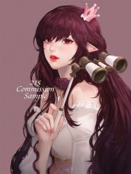 Rule 34 | 1girl, absurdres, bare shoulders, binoculars, commission, english text, highres, holding, holding binoculars, korean commentary, looking at viewer, mole, mole under mouth, original, parted lips, pointy ears, purple hair, red lips, sample watermark, shinyoung kim, solo, watermark