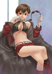 Rule 34 | 1girl, belt, boots, breasts, brown eyes, brown hair, cleavage, crossed legs, female focus, gloves, indoors, jacket, large breasts, meiko (vocaloid), short hair, sitting, skirt, solo, sunglasses, urushizawa takayuki, vocaloid, white gloves
