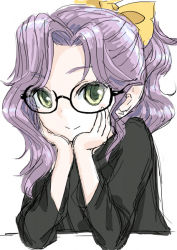 Rule 34 | 1girl, chrono trigger, commentary request, glasses, green eyes, hair ribbon, if they mated, medium hair, original, purple hair, ribbon, robe, s-a-murai, simple background, solo, white background
