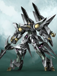 Rule 34 | banpresto, clenched hand, gradient background, highres, ismile, mecha, no humans, outdoors, robot, solo, super robot wars, super robot wars the lord of elemental, sword, tro, weapon