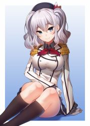 Rule 34 | 10s, 1girl, beret, blue eyes, epaulettes, frilled sleeves, frills, gloves, hat, kantai collection, kashima (kancolle), kerchief, military, military uniform, ray-akila, silver hair, sitting, smile, solo, tsurime, twintails, uniform, wavy hair, white gloves