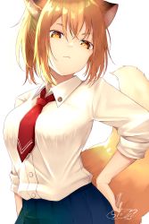Rule 34 | 1girl, animal ears, blue skirt, breasts, brown hair, chita (ketchup), closed mouth, collared shirt, commentary request, dress shirt, fox ears, fox girl, fox tail, hair between eyes, hand on own hip, highres, looking at viewer, medium breasts, necktie, original, pleated skirt, red eyes, red necktie, shirt, short eyebrows, signature, simple background, skirt, solo, tail, tail raised, thick eyebrows, white background, white shirt