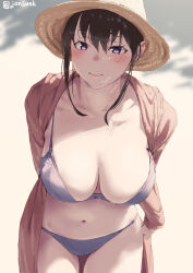 Rule 34 | 1girl, bikini, blue bikini, blush, breasts, brown hair, brown hat, closed mouth, commentary request, hat, jonsun, large breasts, looking at viewer, mami (jonsun), medium hair, mole, mole under eye, navel, original, solo, straw hat, swimsuit, thighs, twitter username, wavy mouth