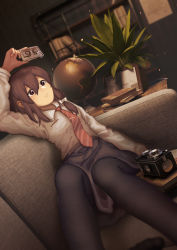 Rule 34 | 1girl, arm up, black pantyhose, black skirt, blurry, blurry background, book, book stack, bookshelf, breasts, brown eyes, brown hair, camera, cassette tape, chinese commentary, commentary request, couch, dutch angle, expressionless, feet out of frame, furahata gen, globe, hair between eyes, hair ribbon, highres, holding, indoors, light particles, long sleeves, looking up, maribel hearn, medium hair, necktie, no headwear, on couch, pantyhose, photo (object), picture frame, plant, potted plant, reclining, ribbon, shirt, single sidelock, skirt, small breasts, solo, striped necktie, striped neckwear, tie clip, touhou, tress ribbon, twin-lens reflex camera, usami renko, white shirt
