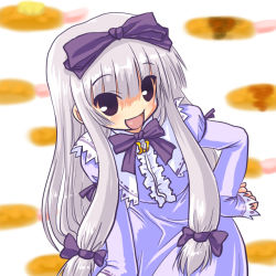 Rule 34 | 1girl, 3.1-tan, :d, blunt bangs, bow, bowtie, dd (ijigendd), dress, eyebrows, hair bow, leaning forward, long hair, long sleeves, looking to the side, low-tied long hair, multiple hair bows, open mouth, os-tan, purple bow, purple bowtie, purple dress, purple eyes, sidelocks, silver hair, smile, solo, very long hair