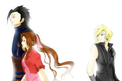 Rule 34 | 00s, 1990s (style), 1girl, 2boys, aerith gainsborough, bad id, bad pixiv id, black hair, blonde hair, blue eyes, brown hair, choker, cloud strife, couple, cropped jacket, dress, earrings, final fantasy, final fantasy vii, final fantasy vii advent children, hair ribbon, jewelry, long hair, multiple boys, pink dress, ponytail, retro artstyle, ribbon, simple background, smile, spoilers, tree-of-life, turtleneck, uniform, walking, white background, zack fair, zipper