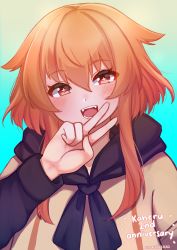 Rule 34 | + +, 1girl, :d, absurdres, blue background, commentary, dated, english commentary, fangs, gradient background, hand up, highres, indie virtual youtuber, jacket, kaheru (vtuber), looking at viewer, open mouth, orange hair, red eyes, scarf, sidelocks, signature, smile, solo, temachii, upper body, v, virtual youtuber