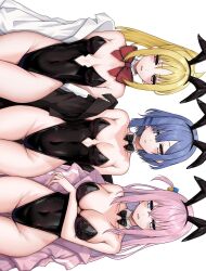 Rule 34 | 3girls, ahoge, alternate costume, alternate hairstyle, animal ears, arm under breasts, bare shoulders, black bow, black bowtie, black corset, black leotard, blonde hair, blue eyes, blue hair, blush, bocchi the rock!, bow, bowtie, breasts, buttons, choppy bangs, coat, collar, collarbone, commentary, corset, covered navel, cowboy shot, cube hair ornament, detached collar, double-breasted, embarrassed, fake animal ears, gluteal fold, gotoh hitori, groin, hair ornament, hair over one eye, hairclip, highleg, highleg leotard, highres, ijichi nijika, jacket, kushinaka, large breasts, leotard, long hair, looking at viewer, medium breasts, mole, mole under eye, multiple girls, off shoulder, open clothes, open mouth, open shirt, pink hair, pink jacket, playboy bunny, ponytail, rabbit ears, red bow, red bowtie, red eyes, shirt, short hair, sideways, simple background, sleeveless, strapless, strapless leotard, thigh gap, thighs, track jacket, white background, white collar, white shirt, wide hips, yamada ryo, yellow eyes