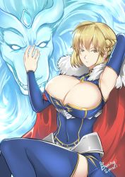 Rule 34 | 1girl, ahoge, armor, artist name, artoria pendragon (fate), artoria pendragon (lancer) (fate), blonde hair, blue eyes, breasts, bunnysensei, cape, capelet, cleavage, detached sleeves, fate/grand order, fate (series), fur-trimmed capelet, fur trim, large breasts, leotard, resized, silhouette, thighhighs
