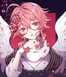 Rule 34 | 1boy, angel wings, bishounen, black background, black scarf, character name, commentary, english commentary, english text, eyelashes, feathered wings, flower, forget-me-not (flower), glasses, hair flower, hair ornament, hand on own chin, head tilt, hen-tie, highres, jewelry, long sleeves, looking at viewer, loose hair strand, male focus, original, pendant, pink hair, pink nails, red-framed eyewear, red eyes, red flower, rorie (hen-tie), round eyewear, scarf, short hair with long locks, solo, striped clothes, striped scarf, sweater, turtleneck, upper body, vertical-striped clothes, vertical-striped scarf, wavy hair, white sweater, white wings, wings