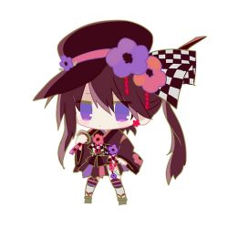 Rule 34 | 1girl, ace tic, brown hair, brown hat, brown kimono, checkered clothes, chibi, dot mouth, flower, hat, japanese clothes, kimono, long hair, long sleeves, obi, original, pink flower, purple eyes, purple flower, sash, simple background, solo, transparent background, usagi nui