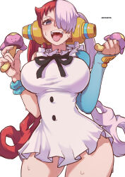 Rule 34 | 1girl, aosora2823, black ribbon, blue sleeves, breasts, commentary request, dress, hair over one eye, highres, holding, large breasts, long hair, looking at viewer, multicolored hair, one piece, one piece film: red, open mouth, purple eyes, red hair, ribbon, simple background, single sleeve, solo, sweat, teeth, thighs, tongue, tongue out, two-tone hair, upper teeth only, uta (one piece), white background, white dress, white hair