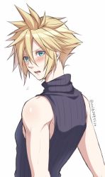 1boy bare_arms bare_shoulders blonde_hair blue_eyes blush cloud_strife commentary_request embarrassed final_fantasy final_fantasy_vii hair_between_eyes hana_dji looking_at_viewer looking_to_the_side male_focus open_mouth simple_background sleeveless sleeveless_turtleneck solo spiked_hair toned turtleneck twitter_username upper_body white_background