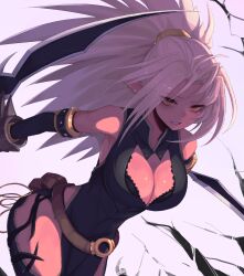 Rule 34 | 1girl, bare shoulders, belt, black bra, black dress, bra, breasts, character request, cleavage, cleavage cutout, clothing cutout, dress, dungeon and fighter, highres, hwaryeok, large breasts, long hair, pointy ears, ponytail, side slit, sidelocks, solo, tagme, underwear, white hair, yellow eyes