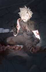 Rule 34 | 2boys, armor, blonde hair, blood, blood in mouth, blood on clothes, blood on face, blood on hands, cannibalism, caught, cloud strife, corpse, dark, dark persona, eating, final fantasy, final fantasy vii, gloves, green eyes, guro, highres, holding organ, intestines, male focus, mgt 85363, multiple boys, night, parted lips, sephiroth, short hair, shoulder armor, single shoulder pad, sleeveless, sleeveless turtleneck, slit pupils, spiked hair, spotlight, suspenders, sword, turtleneck, weapon, wide-eyed