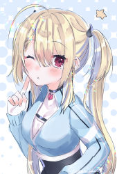 Rule 34 | 1girl, ;o, abe suke, ahoge, black skirt, blue jacket, blush, breasts, copyright request, cropped jacket, fingerless gloves, fingernails, gloves, hair between eyes, hand up, highres, horns, index finger raised, jacket, long hair, long sleeves, medium breasts, one eye closed, parted lips, red eyes, shirt, sidelocks, signature, single horn, skirt, sleeves past wrists, solo, star (symbol), twintails, upper body, very long hair, virtual youtuber, white gloves, white shirt