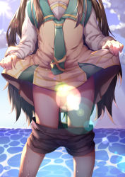 Rule 34 | 1girl, absurdres, bad id, bad pixiv id, blue sky, blurry, blurry background, brown dress, brown hair, brown shorts, clothes lift, clothes pull, cloud, collarbone, commentary request, day, depth of field, dress, dress lift, fingernails, green necktie, green sailor collar, head out of frame, highres, horizon, kuroshio (warship girls r), lifting own clothes, long hair, long sleeves, necktie, ocean, outdoors, pleated dress, puffy long sleeves, puffy sleeves, ray (pixiv9514208), sailor collar, sailor dress, shirt, short shorts, shorts, shorts pull, sky, solo, standing, very long hair, warship girls r, water, wet, white shirt