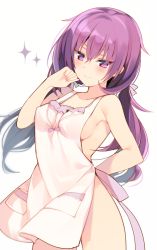 Rule 34 | 1girl, apron, arm behind back, blush, breasts, hair ribbon, long hair, looking at viewer, low twintails, mayachi (amuriya), medium breasts, naked apron, purple eyes, purple hair, ribbon, sideboob, smile, solo, sparkle, twintails, white apron, white background