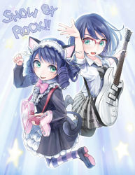 Rule 34 | 10s, 2girls, animal ears, aqua eyes, bell, black legwear, blue hair, bow, bowtie, cat ears, cat tail, clenched hand, copyright name, cyan (show by rock!!), drill hair, dual persona, electric guitar, fang, glasses, gradient background, guitar, hairband, hand up, highres, instrument, jingle bell, jumping, loafers, lolita fashion, lolita hairband, long sleeves, looking at viewer, multiple girls, nakahara masahiko, open mouth, pantyhose, red-framed eyewear, school uniform, semi-rimless eyewear, shoes, short hair, short sleeves, show by rock!!, strawberry heart (show by rock!!), striped clothes, striped legwear, striped thighhighs, tail, thighhighs
