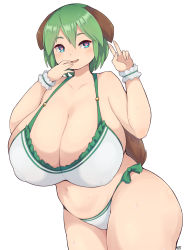 Rule 34 | 1girl, animal ears, bikini, blue eyes, breasts, brown hair, cleavage, green hair, heart, heart-shaped pupils, heo (tkgm), highres, huge breasts, looking at viewer, multicolored hair, plump, short hair, smile, solo, sweat, swimsuit, symbol-shaped pupils, tail, v
