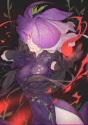 Rule 34 | 1girl, absurdres, black gloves, black hair, china dress, chinese clothes, dress, flower, flower on head, foreshortening, gloves, highres, long hair, mont blanca, open mouth, purple dress, purple eyes, purple flower, short sleeves, smile, solo, touhou, vine print, yomotsu hisami