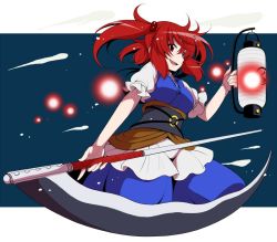 Rule 34 | 1girl, ball of light, blue dress, breasts, dress, eichi yuu, floating lights, hair bobbles, hair ornament, holding, lantern, large breasts, light, onozuka komachi, open mouth, puffy short sleeves, puffy sleeves, red eyes, red hair, scythe, short sleeves, smile, solo, touhou, two side up