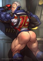 Rule 34 | against wall, ass, blush, bottomless, gloves, highres, luxuris, male focus, muscular, overwatch, overwatch 1, scar, silver hair, soldier: 76 (overwatch), sweat