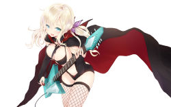 Rule 34 | 10s, 1girl, alternate costume, alternate hairstyle, aqua eyes, bikini, black bikini, black thighhighs, blonde hair, boku wa tomodachi ga sukunai, breasts, bridal gauntlets, butterfly hair ornament, cait aron, cape, cleavage, electric guitar, fang, female focus, fishnet thighhighs, fishnets, guitar, hair ornament, highres, instrument, kashiwazaki sena, large breasts, long hair, low twintails, open mouth, simple background, smile, solo, swimsuit, thighhighs, twintails