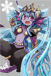 Rule 34 | 1girl, armor, blue hair, colored skin, demon girl, dorua (dollar), fins, frost demon (p&amp;d), head fins, hellice frost demon (p&amp;d), ice, ice wings, midriff, navel, polearm, purple skin, puzzle &amp; dragons, red eyes, solo, tail, trident, water, weapon, wings