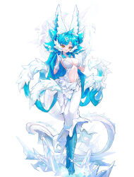 Rule 34 | 1girl, absurdres, ahoge, animal ears, barefoot, blue hair, blue pupils, blue skin, breasts, center opening, clenched teeth, colored skin, commentary, double fox shadow puppet, dragon girl, dragon tail, english commentary, extra ears, fox shadow puppet, full body, gloves, grin, hair ornament, hands up, highres, kumo (kumo hsc0216), large breasts, light blush, long hair, looking at viewer, multicolored hair, navel, open mouth, original, scales, sharp teeth, sidelocks, simple background, slit pupils, smile, solo, stomach, tail, teeth, two-tone hair, very long hair, white background, white gloves, white hair, white tail, yellow eyes