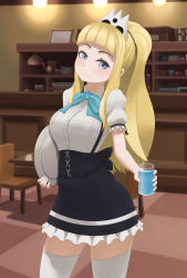 Rule 34 | 10s, 1girl, anidante, anya hepburn, black skirt, blonde hair, blue bow, blunt bangs, blurry, blush, bow, breasts, chair, closed mouth, cowboy shot, cup, depth of field, drink, drinking glass, frilled sleeves, frills, hair ornament, high-waist skirt, high ponytail, highres, holding, holding cup, holding drinking glass, holding tray, indoors, lights, long hair, looking at viewer, medium breasts, puffy short sleeves, puffy sleeves, shelf, shirt, short sleeves, sidelocks, skirt, skull hair ornament, smile, solo, soul eater not!, table, thighhighs, tile floor, tile wall, tiles, tray, very long hair, waitress, white shirt, white thighhighs, zettai ryouiki