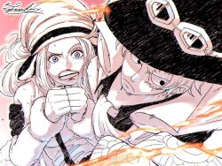 Rule 34 | 1boy, 1girl, ascot, black eyes, black gloves, black hat, carrying, carrying person, closed mouth, commentary request, gloves, goggles, goggles on headwear, hat, highres, jewelry bonney, lips, lipstick, long hair, makeup, one piece, open mouth, purple eyes, red lips, sabo (one piece), scar, scar across eye, scar on face, short hair, signature, tacchan56110, teeth, top hat