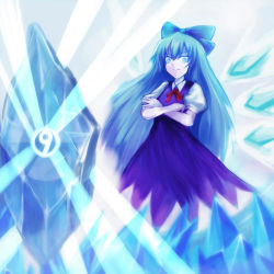 Rule 34 | aged up, alternate hairstyle, blue eyes, blue hair, blue theme, circled 9, cirno, crossed arms, greave (asterism), ice, phantasmagoria of flower view, ribbon, solo, touhou