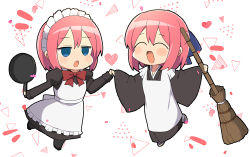 Rule 34 | 2girls, :d, ^ ^, blue eyes, bow, bowtie, broom, closed eyes, frying pan, full body, half-closed eyes, heart, highres, hisui (tsukihime), holding, holding broom, holding frying pan, itsuka neru, kohaku (tsukihime), maid, maid headdress, multiple girls, open mouth, pink hair, red bow, red bowtie, short hair, siblings, simple background, sisters, smile, tsukihime, white background