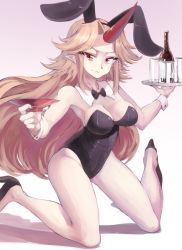 Rule 34 | 1girl, animal costume, animal ears, armband, black bow, black bowtie, black footwear, blonde hair, bottle, bow, bowtie, breasts, cleavage, cup, fingernails, glass, gradient background, holding, holding cup, horns, hoshiguma yuugi, leotard, long fingernails, long hair, looking at viewer, nail polish, oni, open mouth, playboy bunny, pointy ears, rabbit ears, red eyes, red nails, sakazuki, seiza, single horn, sitting, smile, solo, sunnysideup, touhou, v-shaped eyebrows, white armband, wine bottle, wrist cuffs