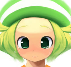 Rule 34 | 1girl, bianca (pokemon), blonde hair, closed mouth, commentary request, creatures (company), crying, game freak, green eyes, green hat, hair flaps, hat, medium hair, nintendo, pokemon, pokemon bw, portrait, simple background, solo, tm (hanamakisan), white background