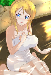 Rule 34 | 1girl, artist request, ayase eli, bare shoulders, blonde hair, blue eyes, blush, breasts, cleavage, collarbone, feet, female focus, full body, highres, holding robe, large breasts, long hair, looking at viewer, love live!, love live! school idol project, naked towel, onsen, ponytail, robe, short hair, solo, towel, white robe