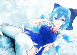 Rule 34 | 1girl, blue bow, blue eyes, blue hair, bow, breasts, cirno, clothes lift, commentary request, dutch angle, hair between eyes, highres, ice, ice wings, licking lips, looking at viewer, medium breasts, neck ribbon, aged up, petals, ribbon, short hair, sinzan, sitting, skirt, skirt lift, smile, solo, thighhighs, thighs, tongue, tongue out, touhou, wariza, white thighhighs, wings