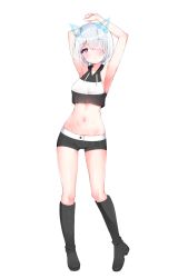 Rule 34 | 1girl, animal ears, armpits, arms behind head, arms up, bad id, bad pixiv id, bare arms, bare shoulders, black footwear, black shirt, black shorts, boots, breasts, crop top, crop top overhang, drawstring, fake animal ears, full body, groin, hair over one eye, highres, knee boots, looking at viewer, midriff, navel, original, parted lips, purple eyes, sana hamada, shirt, short hair, short shorts, shorts, simple background, sleeveless, sleeveless shirt, small breasts, solo, standing, stomach, thighs, white background, white hair