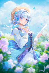 Rule 34 | 1girl, ayaka (genshin impact), blue butterfly, blue dress, blue eyes, blue nails, blue sky, blunt bangs, blunt tresses, blurry, blurry background, blurry foreground, blush, braid, braided hair rings, breasts, brown hat, bug, butterfly, butterfly hair ornament, butterfly ring, buttons, cloud, cloudy sky, collar, day, dress, field, fingernails, floral print, flower, flower field, genshin impact, gold trim, hair flower, hair intakes, hair ornament, hair rings, hands up, hat, hat flower, hat ribbon, highres, holding, holding paper, holding pen, index finger raised, insect, kamisato ayaka, kamisato ayaka (springbloom missive), leaf, long dress, long fingernails, long hair, long sleeves, looking at viewer, medium breasts, multicolored clothes, multicolored dress, mushroommirror, nib pen (object), official alternate costume, official alternate hairstyle, outdoors, paper, parted lips, pen, puffy long sleeves, puffy sleeves, purple flower, ribbon, sidelocks, sky, solo, twin braids, white collar, white flower, white hair