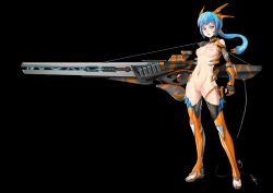 Rule 34 | 1girl, absurdres, armor, bad id, bad pixiv id, black background, black thighhighs, blue hair, boots, breasts, cable, colored eyelashes, detached collar, elbow gloves, feet, full body, functionally nude, gloves, headgear, highres, huge weapon, long hair, looking at viewer, magnetic weapon, mecha musume, nail polish, navel, nipples, nude, original, parted lips, ponytail, purple eyes, pussy, railgun, solo, standing, steamed egg, strap, thigh boots, thighhighs, toeless footwear, toenail polish, toenails, toes, trigger discipline, uncensored, weapon