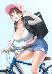 Rule 34 | 1girl, :o, arm up, backpack, bag, baseball cap, bicycle, blue skirt, blush, bra visible through clothes, breasts, brown eyes, brown hair, cleavage, commentary request, delivery, denim, denim skirt, earclip, feet out of frame, hand on headwear, hat, highres, large breasts, blue background, looking at viewer, low twintails, midriff, miniskirt, open mouth, original, panties, pantyshot, pink hat, riding, riding bicycle, scoop neck, shirt, simple background, skirt, sleeves pushed up, solo, takapin, teeth, twintails, underwear, upper teeth only, watch, white panties, white shirt, wristwatch