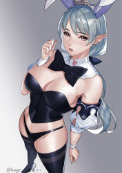 Rule 34 | 1girl, absurdres, ameliance leveilleur, animal ears, bare shoulders, black bow, black bowtie, black thighhighs, blush, bow, bowtie, breasts, cleavage, commentary request, detached sleeves, fake animal ears, final fantasy, final fantasy xiv, from above, grey hair, hand up, high heels, highres, kagematsuri, large breasts, leotard, long hair, looking at viewer, parted lips, playboy bunny, pointy ears, rabbit ears, red eyes, simple background, solo, thighhighs, thighs, wrist cuffs