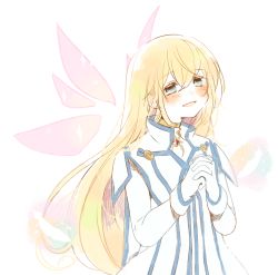 Rule 34 | 1girl, blonde hair, blue eyes, blush, capelet, colette brunel, dress, gloves, holding hands, jewelry, long hair, open mouth, tales of (series), tales of symphonia, white gloves, wings