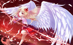 Rule 34 | 1girl, absurdres, angel wings, bare legs, blonde hair, bow, character request, feathered wings, hair bow, highres, leg up, lightning, long hair, muzent, night, night sky, outstretched arm, outstretched hand, pointy ears, red background, red eyes, red skirt, skirt, sky, solo, standing, standing on one leg, star (sky), touhou, white wings, wings