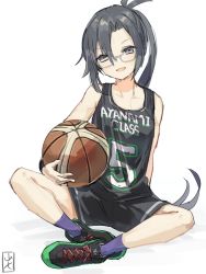 Rule 34 | 1girl, alternate costume, amagiri (kancolle), artist logo, asymmetrical bangs, ball, basketball, basketball (object), basketball uniform, black footwear, black shorts, clothes writing, commentary request, full body, glasses, grey eyes, grey hair, hair between eyes, kantai collection, long hair, looking at viewer, ponytail, purple socks, shoes, shorts, simple background, sitting, smile, sneakers, socks, solo, sportswear, sweat, very long hair, white background, yamashichi (mtseven)