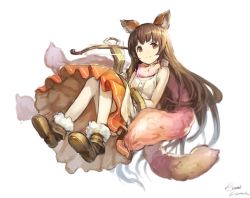 Rule 34 | 10s, 1girl, animal ears, ankle boots, aster (granblue fantasy), bare shoulders, benitama, black hair, blush, boots, bow (weapon), breasts, brown eyes, brown footwear, brown hair, buttons, crossbow, dress, erune, from side, full body, fur boots, granblue fantasy, holding, holding weapon, light smile, long hair, looking at viewer, open mouth, red eyes, scarf, signature, simple background, sitting, sleeveless, sleeveless dress, small breasts, smile, solo, tail, very long hair, weapon, white background, white dress