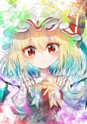Rule 34 | 1girl, absurdres, blonde hair, blue background, blue hair, blush, bow, bowtie, breasts, closed mouth, collar, collared shirt, crystal, dress, eyes visible through hair, fingernails, flandre scarlet, frills, gradient hair, green background, green hair, hair between eyes, hand up, hat, hat ribbon, highres, jewelry, kayon (touzoku), looking at viewer, medium breasts, mob cap, multicolored background, multicolored hair, multicolored wings, nail polish, one side up, orange background, pink background, pointy ears, purple background, red background, red dress, red eyes, red nails, red ribbon, ribbon, shirt, short hair, smile, solo, touhou, white background, white hat, white shirt, wings, yellow background, yellow bow, yellow bowtie
